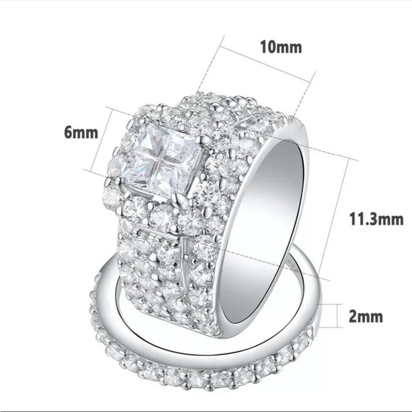 New 925 Silver 2 Pc Set Wedding Engagement Diamond Ring - Picture 5 of 6